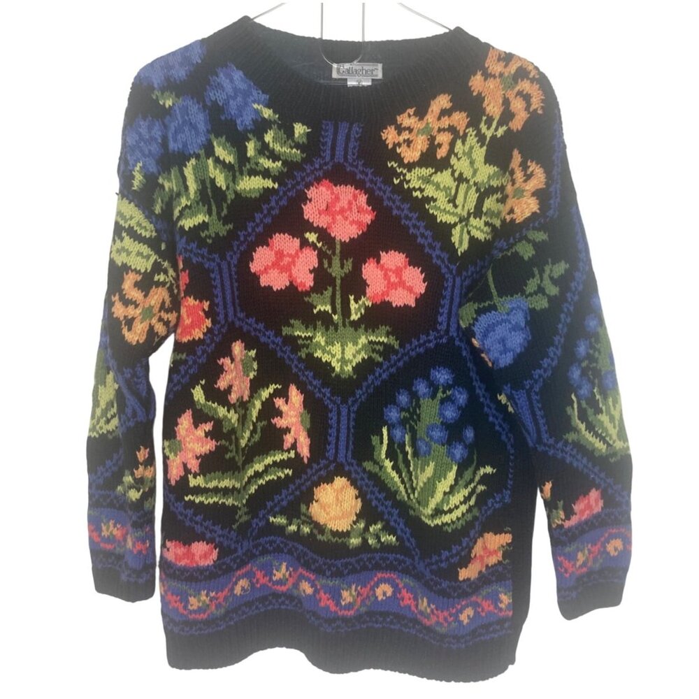 Vintage Gallagher Floral Knit Sweater Medium Black Pink Cotton Blend Cottagecore